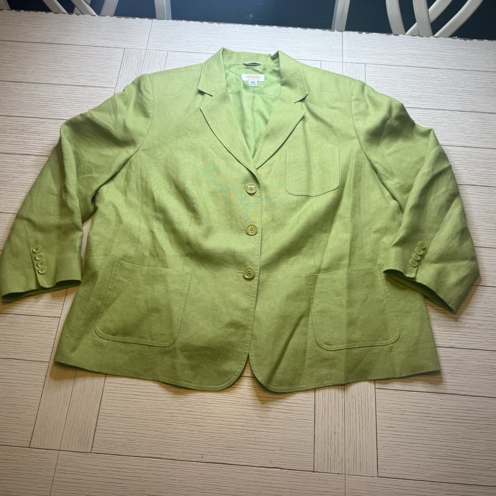 Talbots Lime Green Irish‎ Linen Lined Blazer Women'sButton Front Pockets Sz 18W
